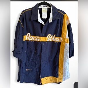 Y2K vintage Roca Wear navy blue button up shirt with yellow accents